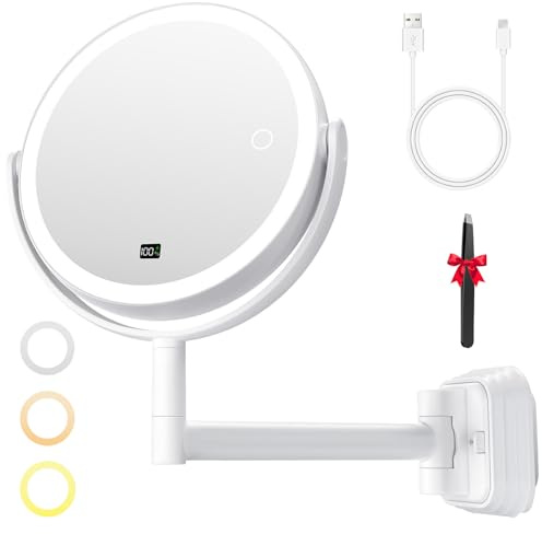 Auxmir Espejo Maquillaje con Luz Pared Adhesivo 1X/30X Recargable 2000mAh | Doble cara Giratorio 360°, Brazo Extensible, Pantalla Inteligente, 3 Colores y LED Brillo Regulable, sin Taladrar para Baño