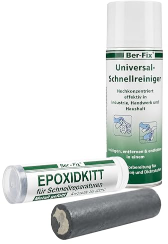 Ber-Fix Epoxidkitt 56g + Universalreiniger bis 300°C Set | Epoxidkitt 56g + Universalreiniger: Metallkitt mit Vorreinigung, 180°C dauerhaft und 300°C kurzzeitig