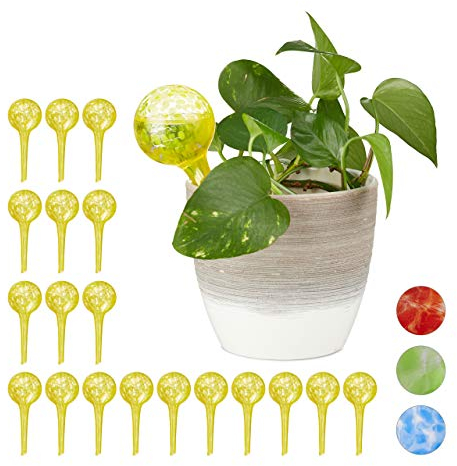 Relaxdays 20 x Bewässerungskugel im Set, dosierte Bewässerung Pflanzen u. Blumen, Gießhilfe Büro, Urlaub, Ø 6 cm, Glas, gelb