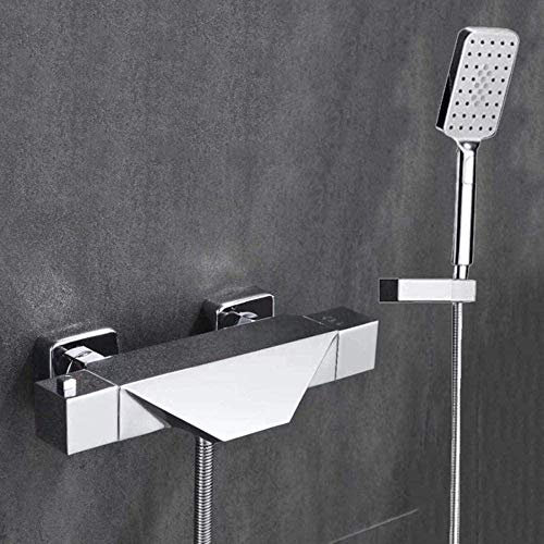 Badewannenarmatur Thermostat Wasserfall Wandhalterung mit Handbrause für Bad Badezimmer Dusche, Mischbatterie Badewannen Armaturen Wasserhahn Badewanne mit Brause-Chrome-A
