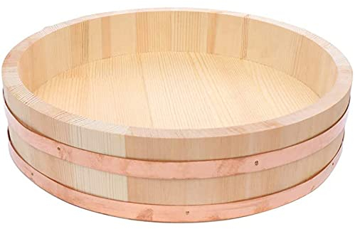 Hangiri Sushi Rice Mixing Tub Japanese Wooden Sushi Rice Bowl Sushi Rice Storage Container with Copper Bands for Restaurant Home Kitchen(White Pine Wood),30x7.5cm