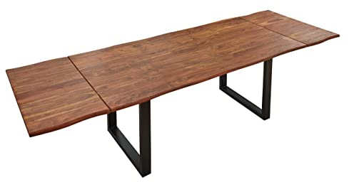 SAM Baumkantentisch 200 (300) x 100 cm Norina, Akazienholz massiv & nougatfarben lackiert, Esszimmertisch inkl. 2 Ansteckplatten, echte Baumkante, Esstisch mit U-Metallgestell in Schwarz