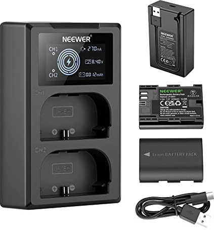 NEEWER Ersatzakku und Ladegerät Set für LP-E6NH, kompatibel mit Canon EOS R7, R5, R6, 5D III, IV, 6D II, 7D II, 80D, 90D, 2er Pack 2250mAh Akkus, Dual USB Ladegerät mit LCD Bildschirm, USB C Kabel