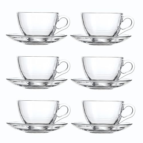 GURUDAR Glass Teacup and Saucer Set, 6 Pack Coffee Mug with Stainless Steel Spoon Suitable for Espresso Juice Cappuccino and More Beverage, 7OZ/210ML, Clear