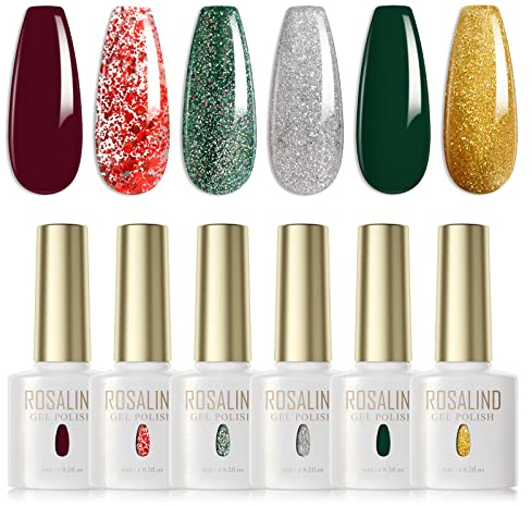 ROSALIND UV Nagellack,6 Farben Dunkelrot Dunkelgrün Glitzer Rot Grün Silber Gold Gel Nagellack Set Soak-Off UV Gel Nail Polish Nail Art Salon DIY Home,Glitzerfarbe