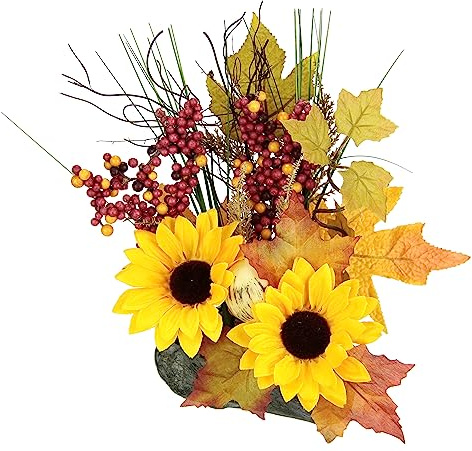 Sonnenblumen Gesteck künstlich auf Kunststein ca. 28x20x12 cm – Herbstdeko mit Beeren & Herbstblättern – Blumengesteck Tischdeko – künstliche Blumen Dekoration für Wohnzimmer, Fensterbank & Grab