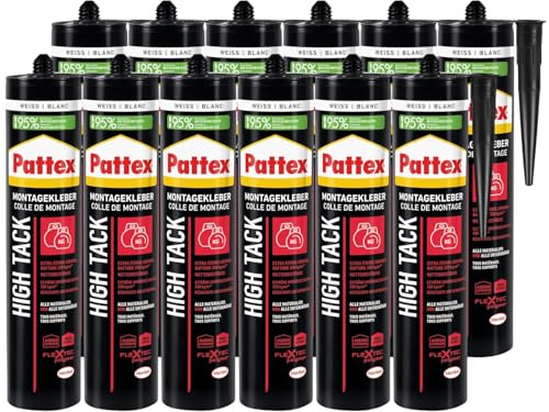 Pattex Montage High Tack, Montagekleber mit sehr starker Anfangshaftung, lösemittelfreier Baukleber für fast alle Materialien*, Klebstoff für innen und außen**, 12x511g Kartusche