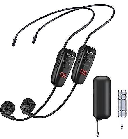 XIAOKOA Wireless Mikrofon Headset,UHF Duale Kabellose Mikrofone mit LED Digitalanzeige, Wiederaufladbares Drahtloses Mikrofon für Touristenführer/Dozent Lehre/Große Konferenzaktivitäten