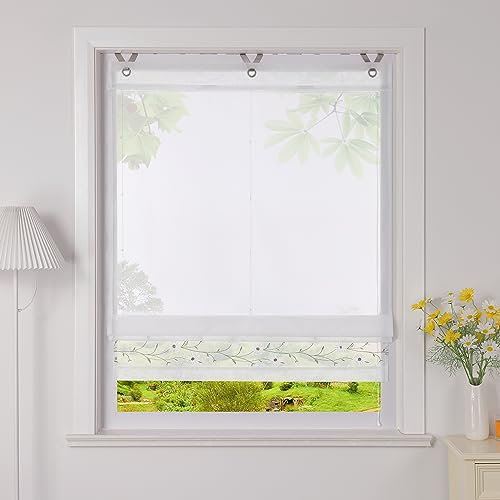 Heichkell Voile Raffrollo mit Ösen Transparent Ösenrollo Bestickte Raffgardine Landhausstil Rollo mit Blumen Weiß BreitexHöhe 100x150 cm