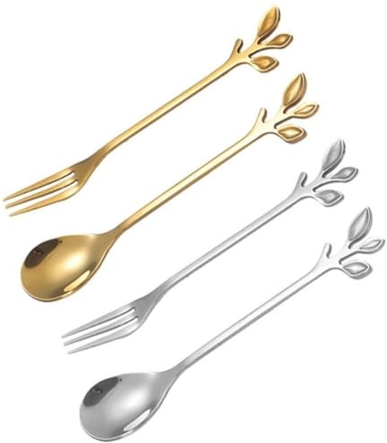 PBENO Spoon 4 Pieces Stainless Steel Spoon Fork Set Stainless Steel Leaf Coffee Spoon Tea Spoon Cake Fruit Fork Spoon Set Dishwasher Safe