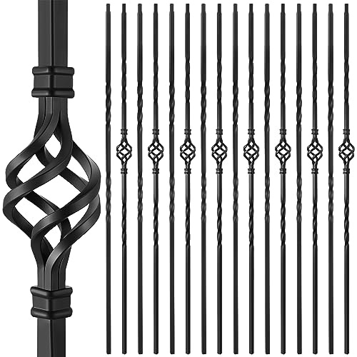 Blulu 16 mandrini per scale da 1,27 x 111,8 cm, in ferro nero, per scale, per interni in ferro battuto, tra cui 8 torsioni in ferro doppio cavo e 8 mandrini in ferro singolo per ringhiere esterne