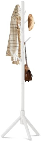 Bayt Garderobenständer aus Holz, Freistehender Kleiderständer in Baumform mit 8 Haken, 175 cm, Stabil und Platzsparend, Weiß