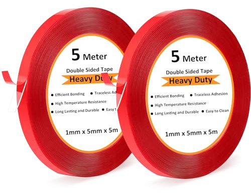 Rusoz Cinta Doble Cara Extrafuerte, 2 Rollos Cinta Adhesiva Doble Cara Transparente Multifuncional Impermeable Largo 5m,Ancho 0.5mm Adhesivo Doble Cara Extrafuerte para Paredes, Plástico, Metal