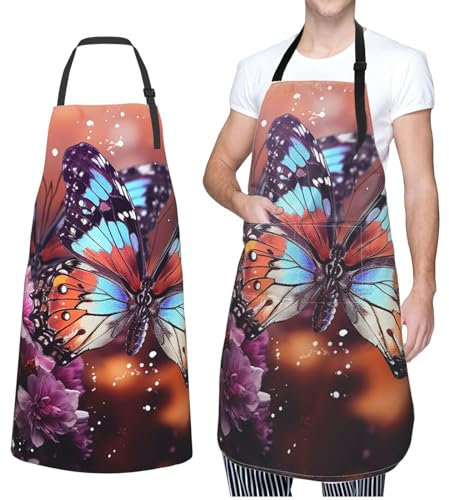 GFLFMXZW Schürze für Damen und Herren, wasserdichte Schürzen, durchscheinende Blätter, verstellbares Lätzchen, Arbeitsschürzen für Geschirr, Bunte Schmetterlinge, One size