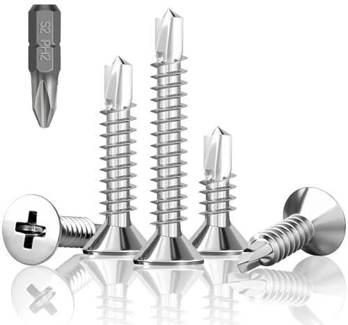 HXJDAM 100 tornillos autorroscantes, M4,8 x 45 mm, autorroscantes, 410 unidades, acero inoxidable, tornillos autorroscantes, cabeza avellanada, tornillos de metal con broca