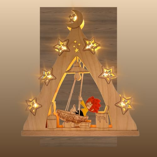 weigla - LED Lichterspitze original Erzgebirge I Motiv Pumuckl in Schiffschaukel I Lichterbogen Weihnachten I 7 Lampenkerzen + 1 Ersatzlampe I 7 x 34 V, 0,2 W, E10 I Weihnachtsdeko innen I aus Holz