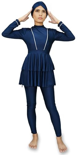 Musuly Burkini Elegante Blu Scuro con Balze e Gonna a Copertura Totale (Blu Navy Scuro, M=42)