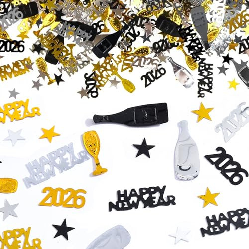 15g Happy New Year Konfetti Tischdeko, Silvesterpartydeko Accessoire, Konfetti Silvester Deko, Silver Gold Black Star Confetti 2026 Number Confetti, Neujahrsdeko Konfetti, Happy New Year 2026 Deko