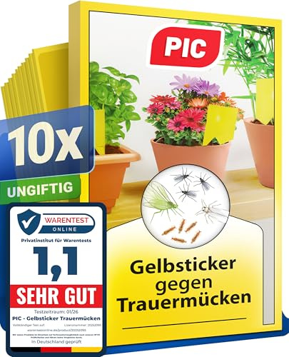 PIC Trauermücken bekämpfen – 10x Gelbtafeln gegen Trauermücken, Gelbsticker für Zimmerpflanzen, Gelbfalle gegen kleine Fliegen in der Blumenerde – Alternative zu Nematoden