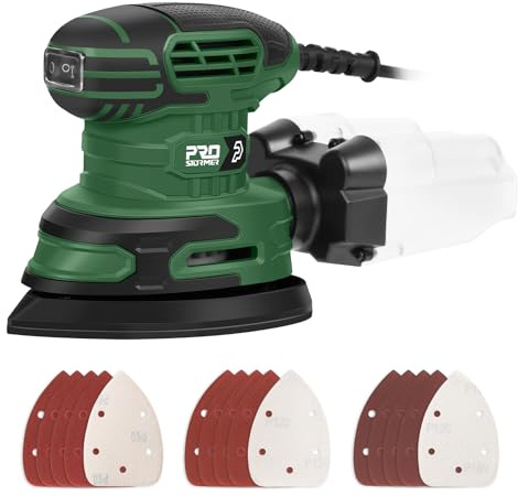 Prostormer Detail Sander, 13000RPM Mouse Sander, 1.6A Electric Palm Sanders with 15Pcs Sandpapers, Dust Collection Box for Tight Spaces Sanding, Polishing, Woodworking in Home Decoration