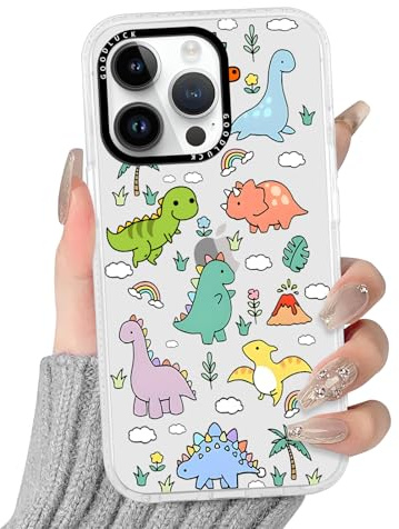 Yirlbey Genomskinligt fodral för iPhone 16 Pro 6,3 tum, Aesthetiskt tecknat mönster söta mönster för kvinnor, silikonskal flexibel TPU-ram och skyddande PC-baksida för iPhone 16Pro, dinosaurie