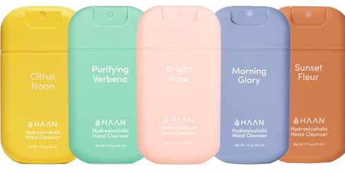 HAAN Spray nettoyant pour les mains à l'aloe vera (lot de 5) – Parfum Sunset Fleur, Morning Glory, Bright Rose, Verveine purifiante, Citrus Noon