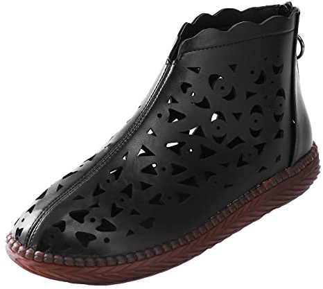 Botines mujer verano elegantes botas huecas cómodas transpirables botas de verano cortas con cremallera monocolor elegante zapatos de cuero sandalias zapatillas ortopédicas mujer, Negro , 39 EU