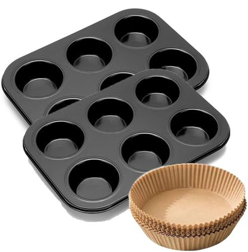 Sunbilien Baking Tray, 2 Carbon Steel molds and 20 Baking Papers, Pancake Mold, Muffin Tray,Cupcake can, Excellent Thermal Conductivity