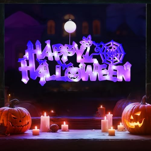 Smilfree Halloween Deko Fensterdeko Innen: 3 Stück Halloween Fenster Lichter Orange Kürbis Grüne Spukhaus Lila Hexenhut mit Saugnapf für Schlafzimmer Wohnstube Küche (Kom-222)
