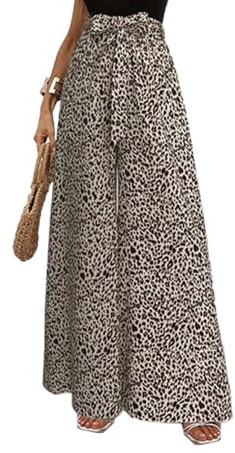 EMOTTOS Pantalon évasé pour Femme, été, UK Pantalon Large pour Femme, imprimé léopard, Taille Haute, Ceinture élastique avec nœud, Ample, Fluide, Extensible, Confortable, léger, élégant, Marron, XL