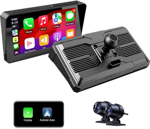 Motorcycle CarPlay, 7 inch Motorcycle DVR Wireless Carplay Screen for Moto with Dual 2K Cameras GPS Navigation for Motorbike, Remote Control, Voice Control, Bluetooth, TF-64G