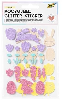 folia 23779 - Moosgummi Glitter-Sticker EASTER, 52 Stück in 5 verschiedenen Farben, Oster Aufkleber zum Verzieren und Dekorieren, Moosgummi, Mehrfarbig