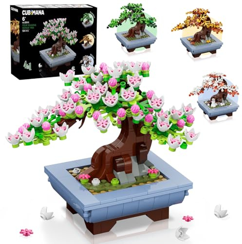 CUBIMANA Botanicals Bonsaï de Fleurs de Cerisier – Set de Construction 4-en-1 Arbre Saisonnier Artificiel - 584PCS Collection Botanique Décoration intérieure - Cadeau Anniversaire Adultes Enfants 10+