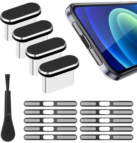ShiFaKa 4 Pcs Tapones Antipolvo USB-C y 10 Mallas Antipolvo para Móvil | Cubierta para Puerto de Carga Tipo C para Auriculares y Altavoz, para iPhone 16/15/Pro Max, con 1 Cepillo