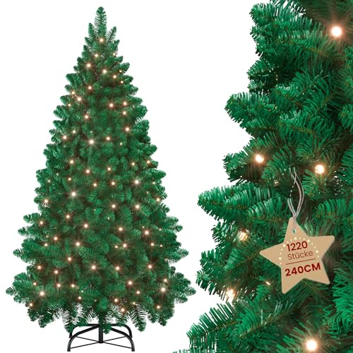 Aufun Künstlicher Weihnachtsbaum Tannenbaum mit Beleuchtung LED warm-weiß inkl. Metallständer, PVC Christbaumfür Weihnachten-Dekoration Mehrweg (Grün PVC+LED, 240cm)