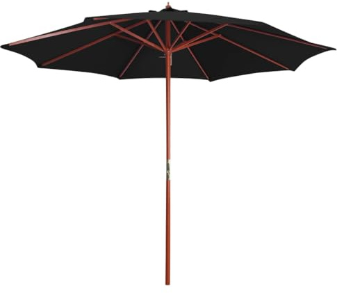 Parasol de Jardin Extérieur, 300 cm avec Mât en Bois Robust, Toile Polyester Résistant aux UV, Mécanisme à Manivelle, Parasol Terrasse et Balcon, Protection Solaire Optimale, Noir,300 x 258 cm