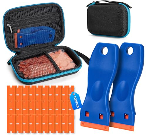 2PCS Plastic Scraper with 100 Plastic Blades, Multipurpose Plastic Scraper Kits with Storage Case, Non-Scratch Scraper Tool Kits for Cleaning Labels, Decals, Gaskets & Paints