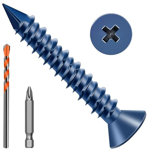 Zynthor 5.5 x 45mm Concrete Screws, 50 Pcs Blue Flat Head Concrete Screws Anchor Kit with Drill Bit and Screwdriver Bit, for Masonry, Cement, Block, Brick or Stucco