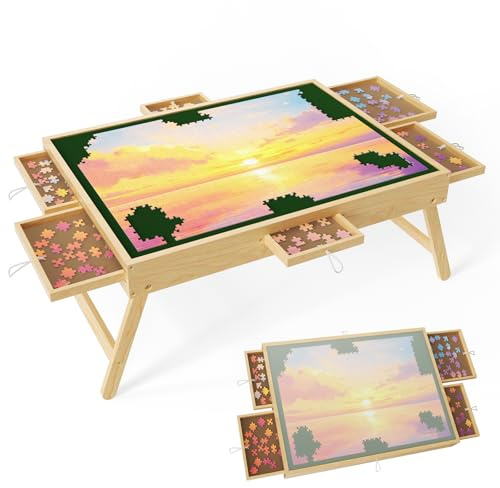 Wooden Jigsaw Puzzle Table, Jigsaw Puzzle Folding Tilting/Rotating Table with 6 Drawers, Non-Slip Mat Surface for 1000 pieces,Gift for Adults (1000pcs)