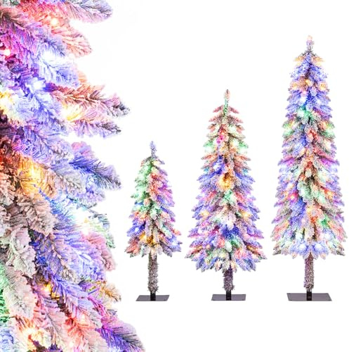 COSTWAY Künstlicher Weihnachtsbaum 3er Set, Tannenbaum mit Beleuchtung und Schnee, 90/120/150 cm Christbaum, Kunstbaum Weihnachten für Zuhause, Weiß