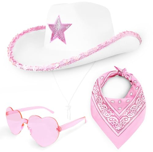OPVXZAD Cowgirl Hut Set Damen Weiß 3-teilig mit Pailletten mit Herzförmiger Sonnenbrille & Bandana Western Kostüm Accessoire für Karneval, Festival & Party