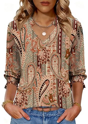 Kistore Bohemian Tops for Women Going Out V Neck T Shirts 3/4 Length Sleeve Dressy Casual Blouses Paisley Pattern XL