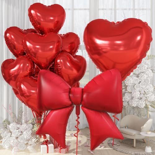 32 Inch Red Heart Balloons, Large Bow Foil Balloons, 10Pcs 38 Giant Matt Red Bow-knot Balloon with 18 Metallic Heart Shape Helium Balloon Set for Birthday Wedding Bachelorette Anniversary Valentine
