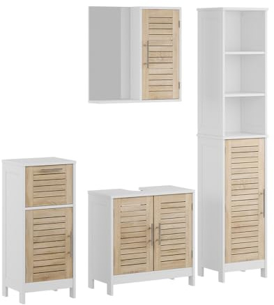 Vicco Badmöbel-Set Looma, Weiß/Eiche, 60 cm | besteht aus Waschbeckenunterschrank, Spiegelschrank, Hochschrank und Midischrank