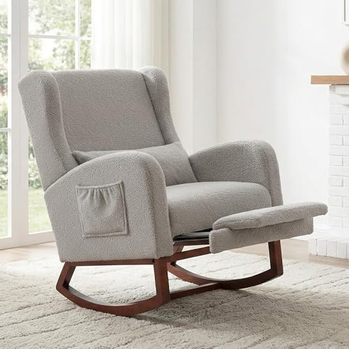 YUUIJOAA Schaukelstuhl mit Fußstütze, Schaukelsessel, Gepolsterter Stillstuhl mit Holzbeinen & Seitentaschen, Hochlehner Stillen Sessel für Wohnzimmer, Schlafzimmer, Babyzimmer (Samt-Hellgrau)