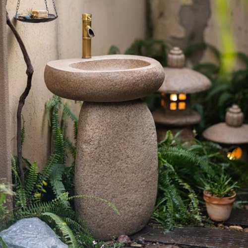 CHBCJJYP Lavabo a Colonna Effetto Pietra, Lavabo da Giardino con Rubinetto in Ottone, Lavabo Decorativo Autoportante per Patio, Cortile e Giardino