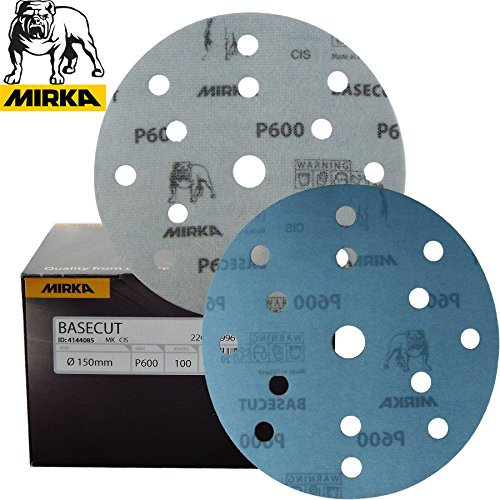 Mirka Basecut Hook'N'Loop Hook It 150mm / 6 Sanding Discs - Box 100 6 Abrasive P600 Grit Automotive Refinishing Sandpaper Sanding Discs 15 Hole Vacuum Dust Extraction System