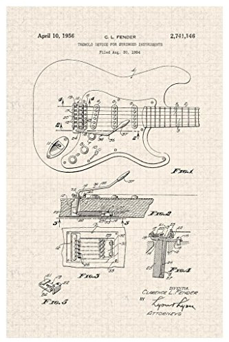 Famous Electric Guitar 1956 Official Patent Diagram Musical Stringed Instrument Tan Diagram Illustration Sketch Rock Roll Band Music Decoration Cool Wall Art Print Poster 24x36