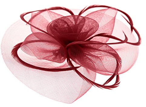 JIAHG Braut Fascinator Blumen Netz Kopfschmuck Damen Haar Clip Hut Feder Haarschmuck Kopfbedeckung für Party Kirche, Einheitsgröße, Weinrot