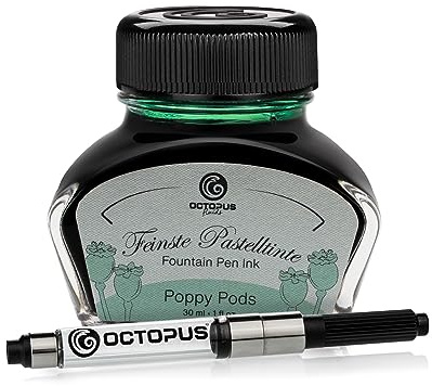 Octopus Fluids Poppy Pods - Tinta de pluma estilográfica en colores pastel, Convertidor incluido, Tinta de escritura en tintero, Verde 30 ml